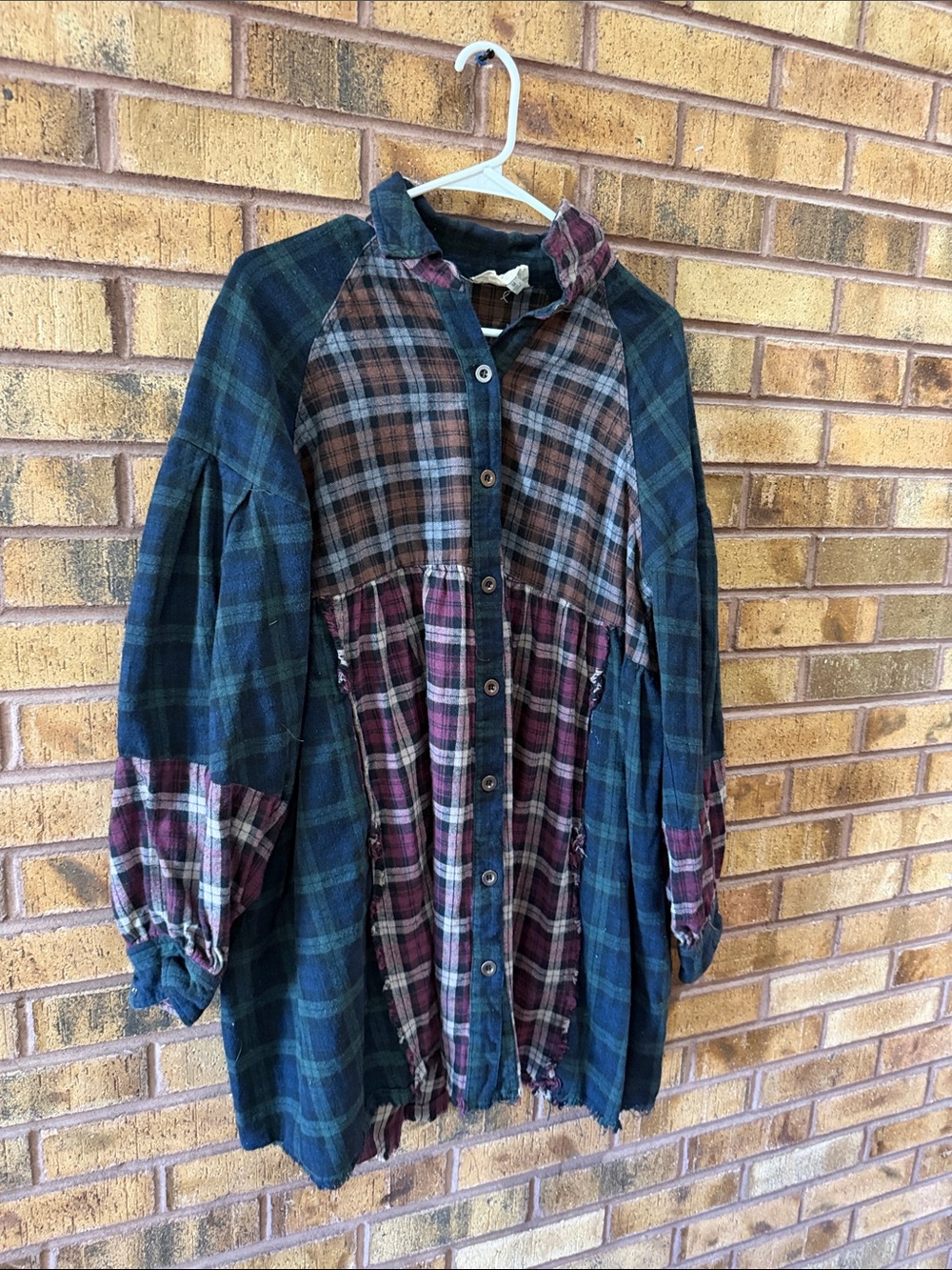 Patchwork Plaid Long-Sleeve Button Dress in Blue & Burgundy